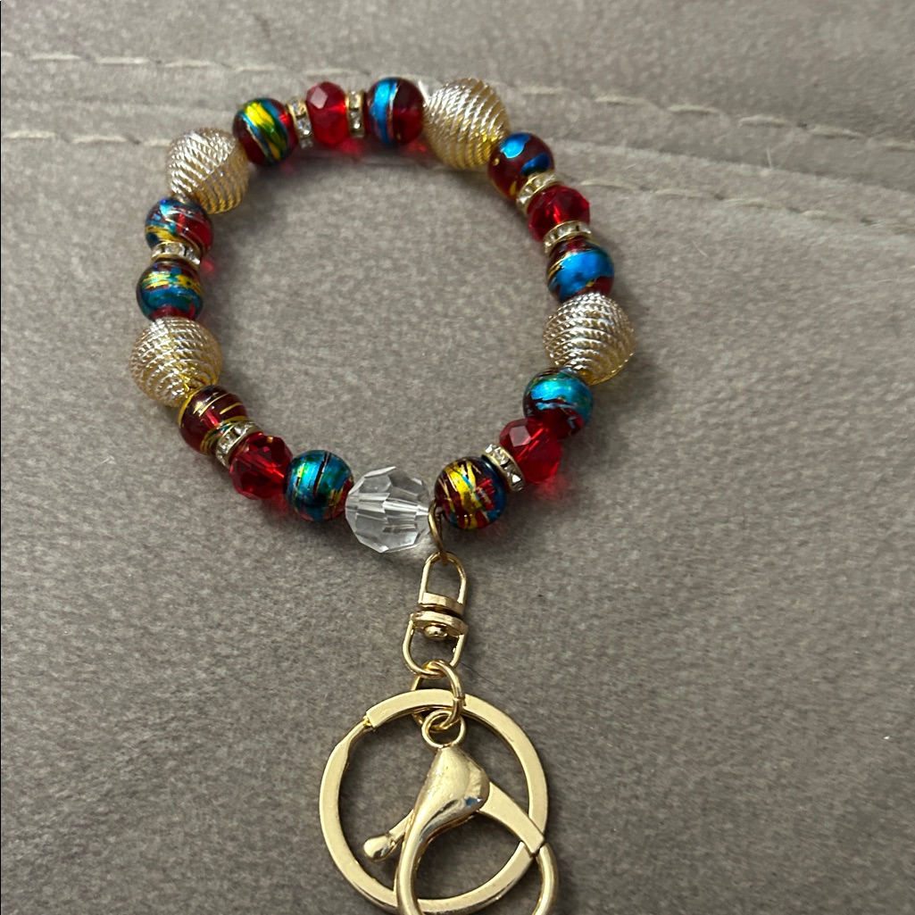 Hand Crafted Multicolor Beaded Key Holder With Gold Accents